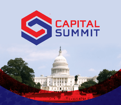 Capital Summit – A Program of Legislative Updates, Compliance Graphic featuring the Capitol building beneath a blue sky, with the “Capital Summit” logo and text displayed above it. Red and blue curved design elements frame the bottom of the image.