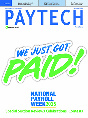 Cover of PAYTECH magazine, January 2026 edition, featuring National Payroll Week (NPW) 2025.