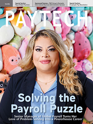 Cover of PAYTECH magazine, November 2025 edition, featuring Jessica Guevara, standing in front of a display of Squishmallows.